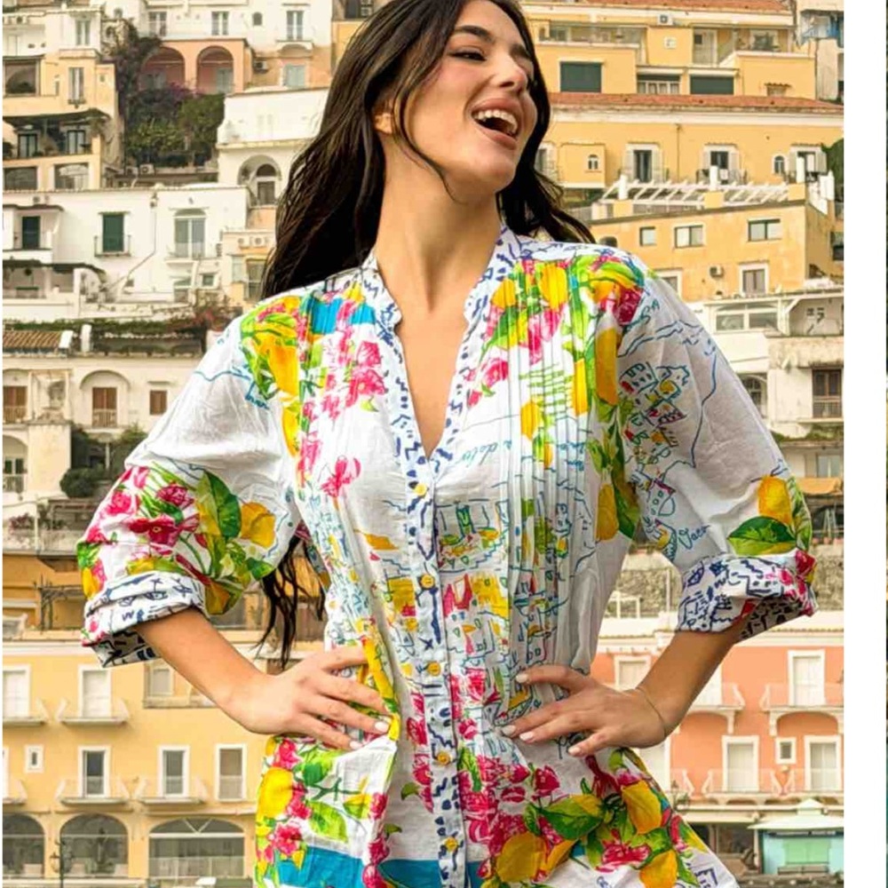 Antica Sartoria 2026 Floral Button-Front Tunic Dress in White Lemon & Pink flows